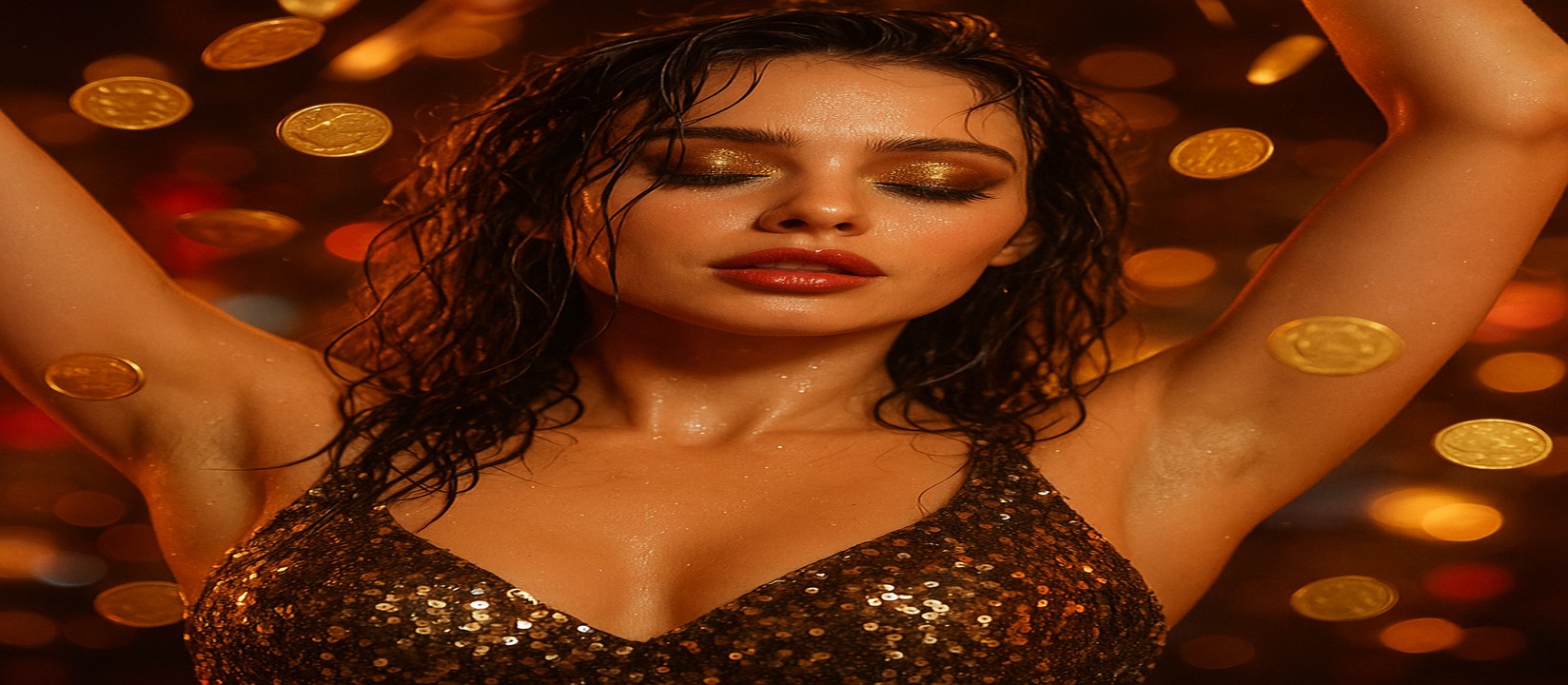 gt9999-এ এভিয়েটর গেমে জয়লাভের আনন্দে উচ্ছ্বাসিত এক নারী, চারপাশে উড়ছে স্বর্ণমুদ্রা