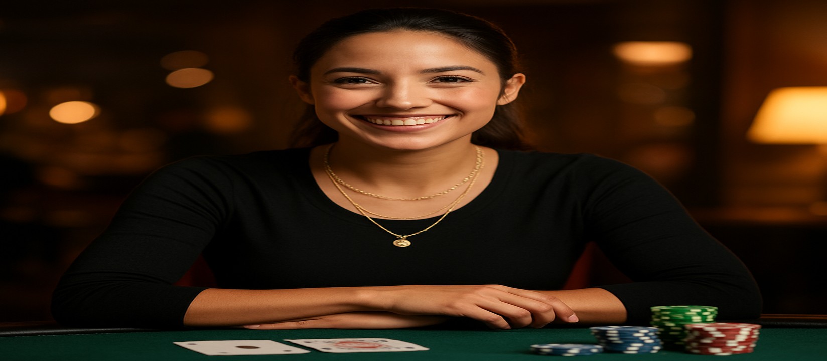 gt9999 গেমিং প্ল্যাটফর্মে কার্ড টেবিলে বসা হাসিখুশি এক মেয়ে ডিলার তাঁর সামনে থাকা চিপ ও কার্ডগুলোসহ বিস্তৃত খেলার নির্বাচনের প্রস্তাব দেন।