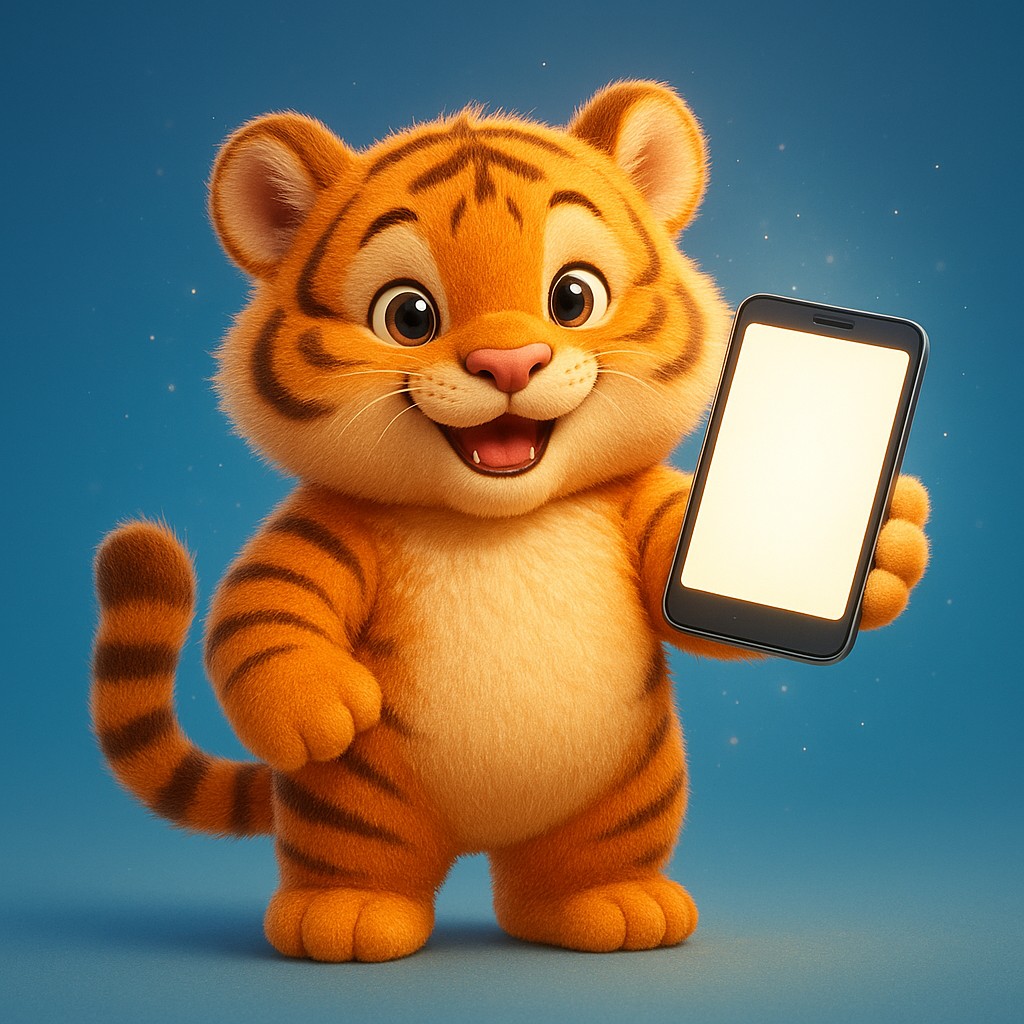 gt9999 অ্যাপটি স্মার্টফোনে ব্যবহার করে এমন একটি কার্টুন বাঘশাবক