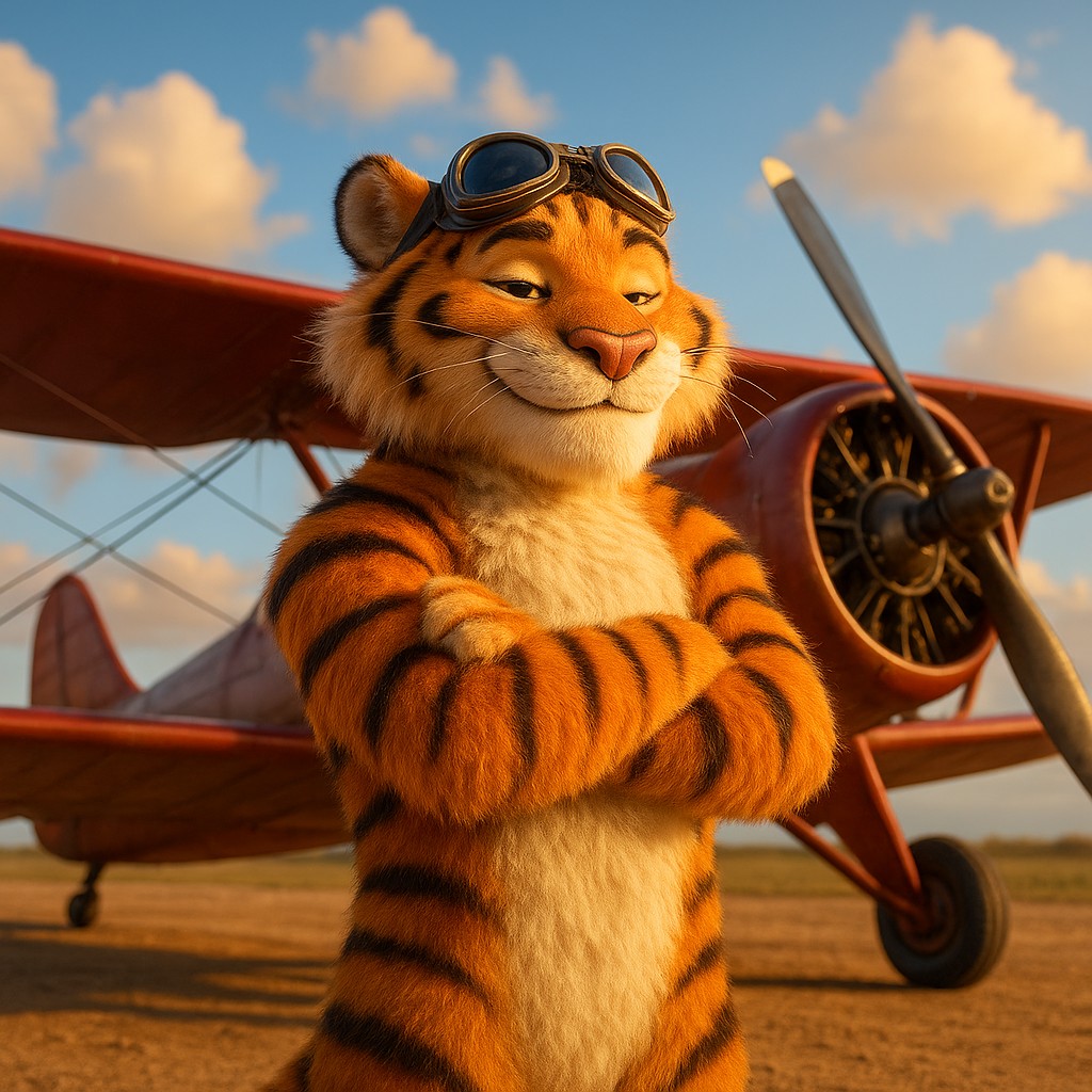 gt9999-এ এভিয়েটর গেমের প্রতীক হিসেবে লাল বিমানের পাশে দাঁড়িয়ে থাকা টাইগার পাইলট