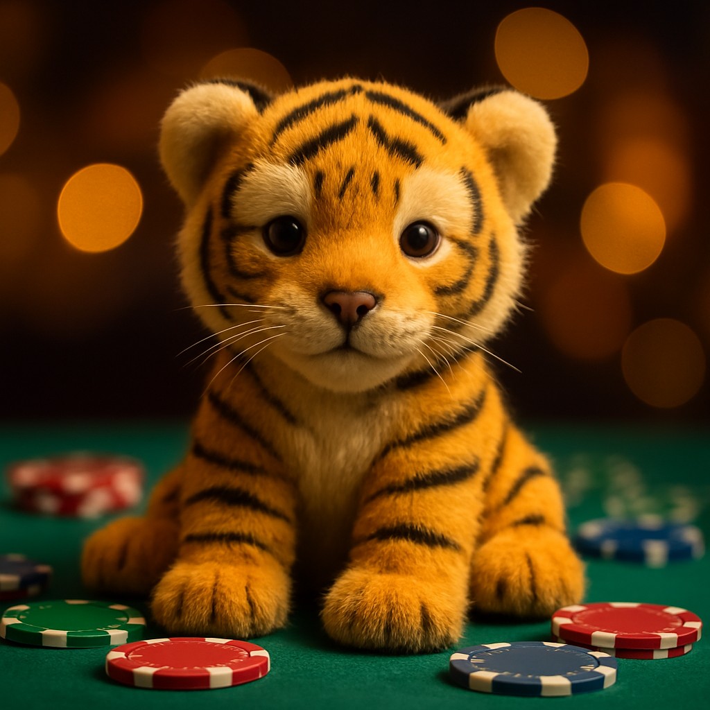 একটি ছোট বাঘের বাচ্চা একটি টেবিলে খেলার চিপগুলোসহ বসে আছে।
