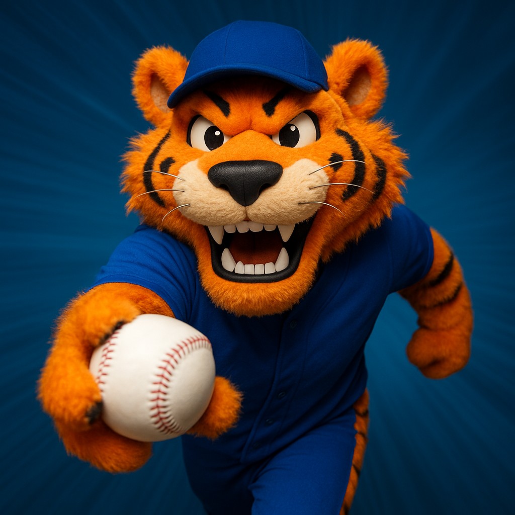 gt9999 ক্রিকেট গেমিংয়ের প্রতীক হিসেবে একটি ইউনিফর্মধারী, হাতে বল ধরা খুশি টাইগার শাবকের 모습।