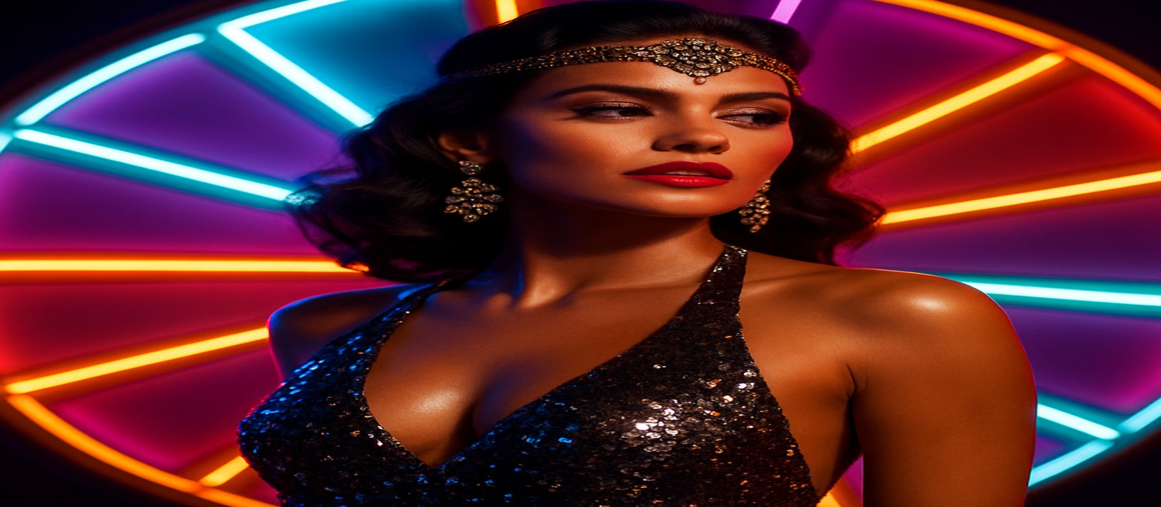 gt9999 এর রঙিন গেমিং প্ল্যাটফর্মের সামনে উজ্জ্বল পোশাকে একজন নারী