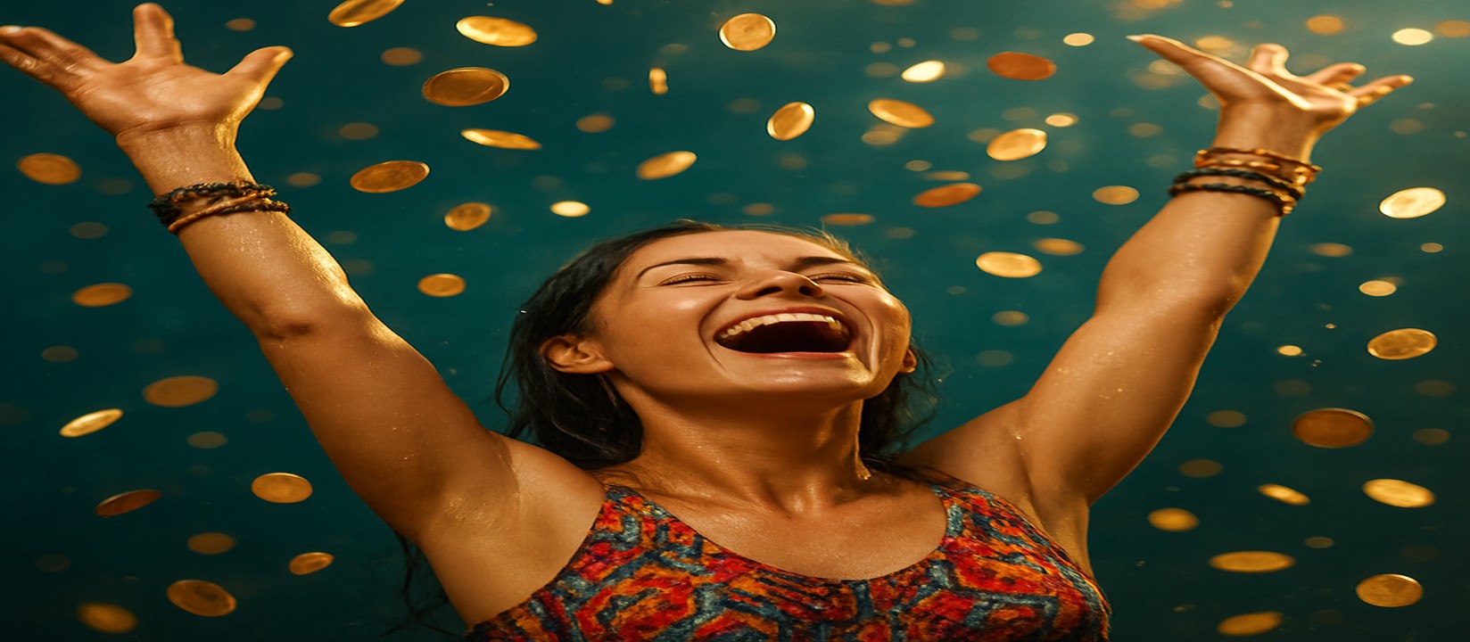 মুদ্রার ঝরনার মাঝে রঙিন পোশাকে একজন নারী