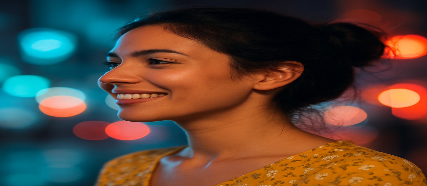 চমৎকার আলোয় সজ্জিত গেমিং প্ল্যাটফর্মে, আর্কেড মেশিনটির পাশেই হাসিখুশি এক তরুণী